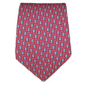 HERMÈS 5434 FA Red Padlock Monogrammed "H" Silk Tie FRANCE 62”/ 3.6" EC